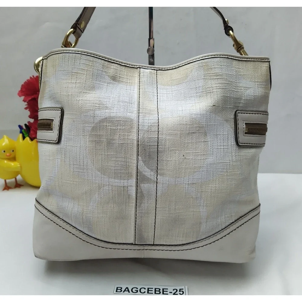 Coach Signature Of-White Canvas Leather Trim Zipper Pockets Hobo Shoulder Bag